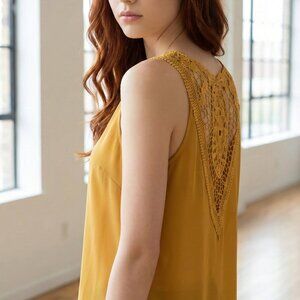 Mustard Yellow V-Neck Chiffon Tank Top with Crochet Lace Racerback Detail - Boho